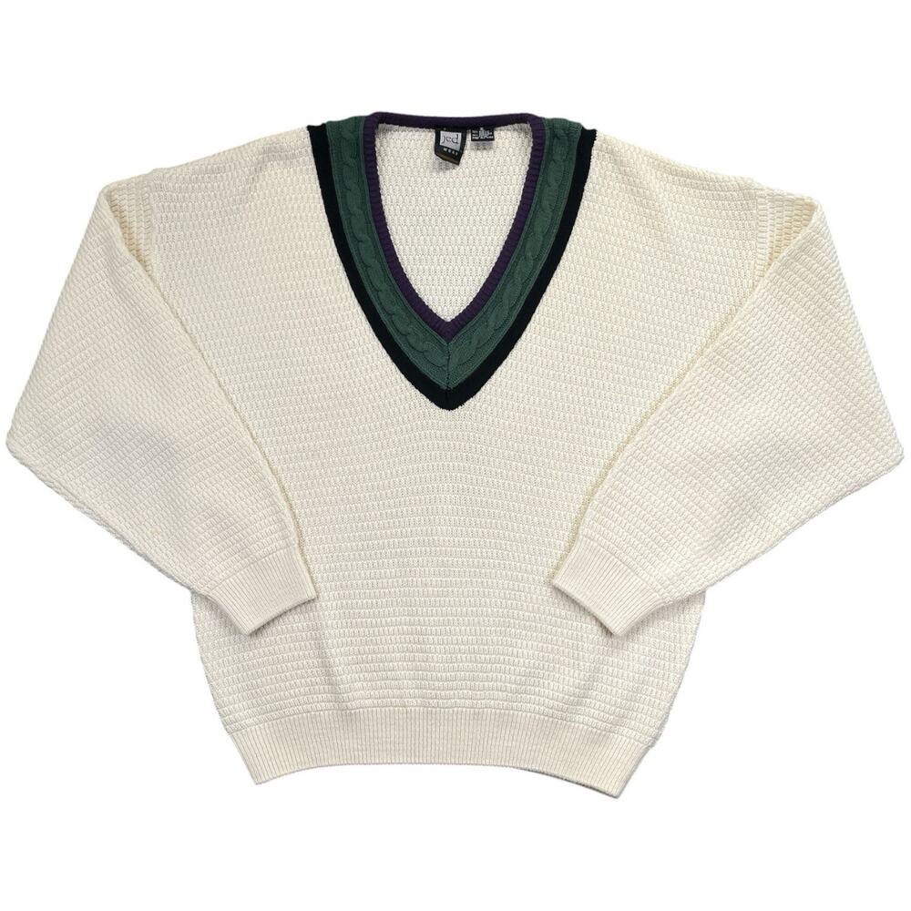 Vtg 90s Jed Wear Chunky Knit V‑Neck Sweater Men’s XL Cream Waffle Stripe